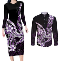 Purple Black Aloha Hawaii Couples Matching Long Sleeve Bodycon Dress and Long Sleeve Button Shirt Polynesian Shark Tattoo Plumeria