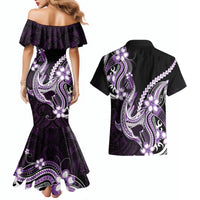 Purple Black Aloha Hawaii Couples Matching Mermaid Dress and Hawaiian Shirt Polynesian Shark Tattoo Plumeria