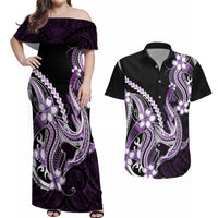 Purple Black Aloha Hawaii Couples Matching Off Shoulder Maxi Dress and Hawaiian Shirt Polynesian Shark Tattoo Plumeria