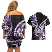 Purple Black Aloha Hawaii Couples Matching Off Shoulder Short Dress and Hawaiian Shirt Polynesian Shark Tattoo Plumeria