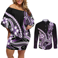 Purple Black Aloha Hawaii Couples Matching Off Shoulder Short Dress and Long Sleeve Button Shirt Polynesian Shark Tattoo Plumeria