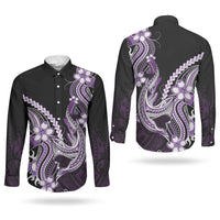 Purple Black Aloha Hawaii Couples Matching Off Shoulder Short Dress and Long Sleeve Button Shirt Polynesian Shark Tattoo Plumeria LT14 - Polynesian Pride