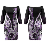 Purple Black Aloha Hawaii Couples Matching Off The Shoulder Long Sleeve Dress and Hawaiian Shirt Polynesian Shark Tattoo Plumeria LT14 - Polynesian Pride