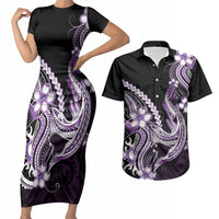 Purple Black Aloha Hawaii Couples Matching Short Sleeve Bodycon Dress and Hawaiian Shirt Polynesian Shark Tattoo Plumeria LT14 Purple - Polynesian Pride