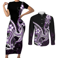 Purple Black Aloha Hawaii Couples Matching Short Sleeve Bodycon Dress and Long Sleeve Button Shirt Polynesian Shark Tattoo Plumeria