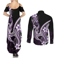 Purple Black Aloha Hawaii Couples Matching Summer Maxi Dress and Long Sleeve Button Shirt Polynesian Shark Tattoo Plumeria