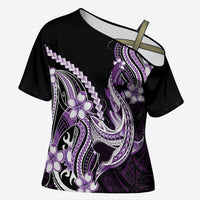 Purple Black Aloha Hawaii Cross Shoulder Shirt Polynesian Shark Tattoo Plumeria