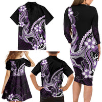 Purple Black Aloha Hawaii Family Matching Long Sleeve Bodycon Dress and Hawaiian Shirt Polynesian Shark Tattoo Plumeria