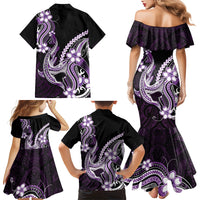 Purple Black Aloha Hawaii Family Matching Mermaid Dress and Hawaiian Shirt Polynesian Shark Tattoo Plumeria