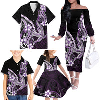 Purple Black Aloha Hawaii Family Matching Off The Shoulder Long Sleeve Dress and Hawaiian Shirt Polynesian Shark Tattoo Plumeria