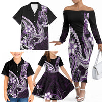Purple Black Aloha Hawaii Family Matching Off The Shoulder Long Sleeve Dress and Hawaiian Shirt Polynesian Shark Tattoo Plumeria LT14 - Polynesian Pride