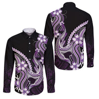 Purple Black Aloha Hawaii Family Matching Off The Shoulder Long Sleeve Dress and Hawaiian Shirt Polynesian Shark Tattoo Plumeria LT14 Dad's Shirt - Long Sleeve Purple - Polynesian Pride