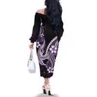 Purple Black Aloha Hawaii Family Matching Off The Shoulder Long Sleeve Dress and Hawaiian Shirt Polynesian Shark Tattoo Plumeria