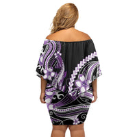 Purple Black Aloha Hawaii Family Matching Off Shoulder Short Dress and Hawaiian Shirt Polynesian Shark Tattoo Plumeria