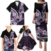 Purple Black Aloha Hawaii Family Matching Puletasi and Hawaiian Shirt Polynesian Shark Tattoo Plumeria