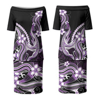 Purple Black Aloha Hawaii Family Matching Puletasi and Hawaiian Shirt Polynesian Shark Tattoo Plumeria LT14 Mom's Dress Purple - Polynesian Pride