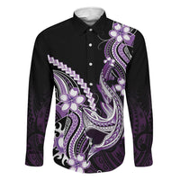Purple Black Aloha Hawaii Family Matching Puletasi and Hawaiian Shirt Polynesian Shark Tattoo Plumeria