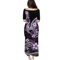 Purple Black Aloha Hawaii Family Matching Puletasi and Hawaiian Shirt Polynesian Shark Tattoo Plumeria