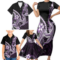 Purple Black Aloha Hawaii Family Matching Short Sleeve Bodycon Dress and Hawaiian Shirt Polynesian Shark Tattoo Plumeria LT14 - Polynesian Pride