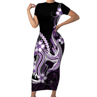 Purple Black Aloha Hawaii Family Matching Short Sleeve Bodycon Dress and Hawaiian Shirt Polynesian Shark Tattoo Plumeria