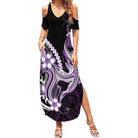Purple Black Aloha Hawaii Family Matching Summer Maxi Dress and Hawaiian Shirt Polynesian Shark Tattoo Plumeria
