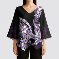 Purple Black Aloha Hawaii Kimono Sleeve Blouse Polynesian Shark Tattoo Plumeria