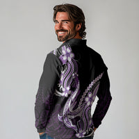 Purple Black Aloha Hawaii Long Sleeve Polo Shirt Polynesian Shark Tattoo Plumeria