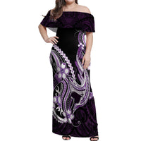 Purple Black Aloha Hawaii Off Shoulder Maxi Dress Polynesian Shark Tattoo Plumeria