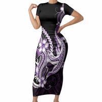 Purple Black Aloha Hawaii Short Sleeve Bodycon Dress Polynesian Shark Tattoo Plumeria LT14 Long Dress Purple - Polynesian Pride
