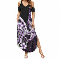 Purple Black Aloha Hawaii Summer Maxi Dress Polynesian Shark Tattoo Plumeria LT14 Women Purple - Polynesian Pride