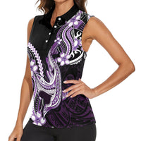 Purple Black Aloha Hawaii Women Sleeveless Polo Shirt Polynesian Shark Tattoo Plumeria