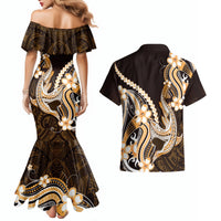 Orange Black Aloha Hawaii Couples Matching Mermaid Dress and Hawaiian Shirt Polynesian Shark Tattoo Plumeria