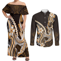Orange Black Aloha Hawaii Couples Matching Off Shoulder Maxi Dress and Long Sleeve Button Shirt Polynesian Shark Tattoo Plumeria LT14 Orange - Polynesian Pride
