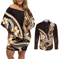 Orange Black Aloha Hawaii Couples Matching Off Shoulder Short Dress and Long Sleeve Button Shirt Polynesian Shark Tattoo Plumeria