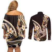 Orange Black Aloha Hawaii Couples Matching Off Shoulder Short Dress and Long Sleeve Button Shirt Polynesian Shark Tattoo Plumeria