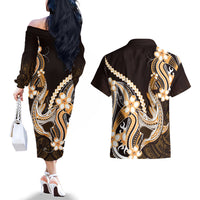 Orange Black Aloha Hawaii Couples Matching Off The Shoulder Long Sleeve Dress and Hawaiian Shirt Polynesian Shark Tattoo Plumeria