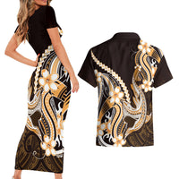 Orange Black Aloha Hawaii Couples Matching Short Sleeve Bodycon Dress and Hawaiian Shirt Polynesian Shark Tattoo Plumeria