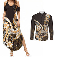 Orange Black Aloha Hawaii Couples Matching Summer Maxi Dress and Long Sleeve Button Shirt Polynesian Shark Tattoo Plumeria LT14 Orange - Polynesian Pride