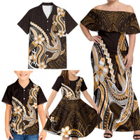 Orange Black Aloha Hawaii Family Matching Off Shoulder Maxi Dress and Hawaiian Shirt Polynesian Shark Tattoo Plumeria LT14 - Polynesian Pride