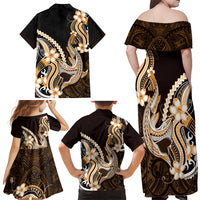 Orange Black Aloha Hawaii Family Matching Off Shoulder Maxi Dress and Hawaiian Shirt Polynesian Shark Tattoo Plumeria