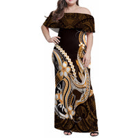 Orange Black Aloha Hawaii Family Matching Off Shoulder Maxi Dress and Hawaiian Shirt Polynesian Shark Tattoo Plumeria