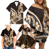 Orange Black Aloha Hawaii Family Matching Off Shoulder Short Dress and Hawaiian Shirt Polynesian Shark Tattoo Plumeria LT14 - Polynesian Pride