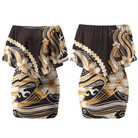 Orange Black Aloha Hawaii Family Matching Off Shoulder Short Dress and Hawaiian Shirt Polynesian Shark Tattoo Plumeria LT14 Mom's Dress Orange - Polynesian Pride