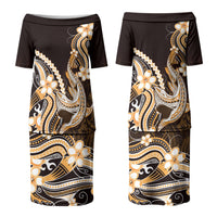 Orange Black Aloha Hawaii Family Matching Puletasi and Hawaiian Shirt Polynesian Shark Tattoo Plumeria LT14 Mom's Dress Orange - Polynesian Pride