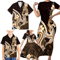 Orange Black Aloha Hawaii Family Matching Short Sleeve Bodycon Dress and Hawaiian Shirt Polynesian Shark Tattoo Plumeria