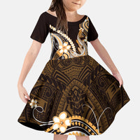 Orange Black Aloha Hawaii Kid Short Sleeve Dress Polynesian Shark Tattoo Plumeria