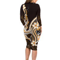 Orange Black Aloha Hawaii Long Sleeve Bodycon Dress Polynesian Shark Tattoo Plumeria