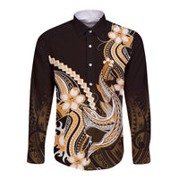 Orange Black Aloha Hawaii Long Sleeve Button Shirt Polynesian Shark Tattoo Plumeria LT14 Unisex Orange - Polynesian Pride