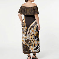 Orange Black Aloha Hawaii Off Shoulder Maxi Dress Polynesian Shark Tattoo Plumeria LT14 - Polynesian Pride