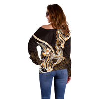 Orange Black Aloha Hawaii Off Shoulder Sweater Polynesian Shark Tattoo Plumeria